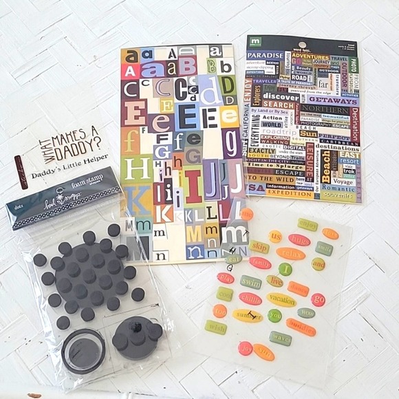 Lot of 17 Different Crafting Items Stickers Charms Stencil Utensil Letters - Picture 3 of 8